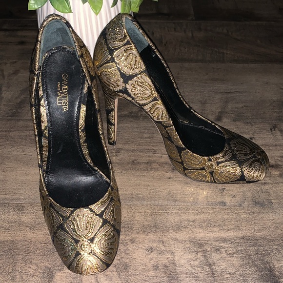 NWT GIAMBATTISTA VALLI GOLD JACQUARD FABRIC STILETTO - Picture 3 of 10